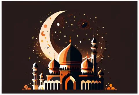 Vector illustration of islamic style mosque and crescent at night Stock Illustration