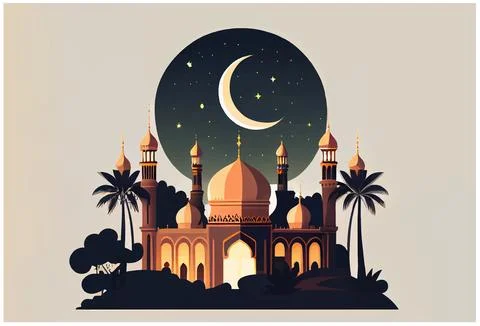 Vector illustration of islamic style mosque and crescent at night Stock Illustration