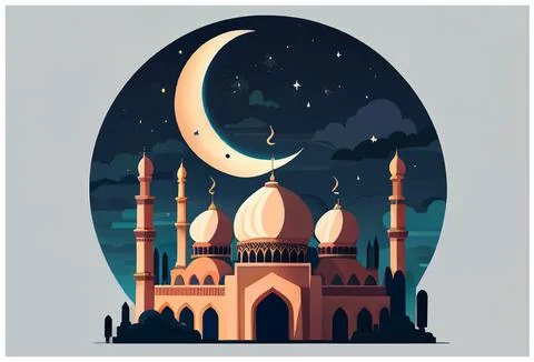 Vector illustration of islamic style mosque and crescent at night Stock Illustration