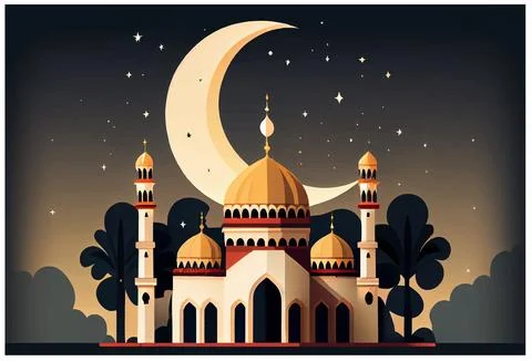 Vector illustration of islamic style mosque and crescent at night Stock Illustration