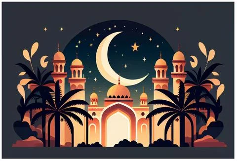 Vector illustration of islamic style mosque and crescent at night Stock Illustration