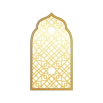 Vector illustration of Islamic window with golden geometric pattern. Stock Illustration