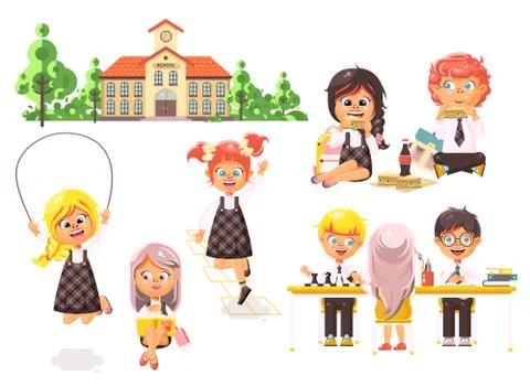 Vector illustration isolated children characters schoolboy schoolgirl pupils 스톡 일러스트