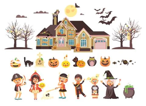 Vector illustration isolated children Trick-or-Treat boy, girl, costumes fancy Illustrazione stock