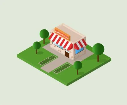 Vector illustration of isometric building coffee shop isolated on white backgrou Stock Illustration