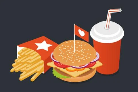 Vector illustration of isometric food: burger, French fries and cola. Stock Illustration