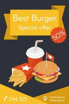 Vector illustration of isometric food: burger, French fries and cola. Illustrazione stock