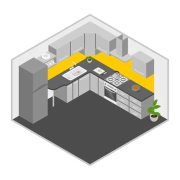 Vector illustration of isometric kitchen. Stock Illustration