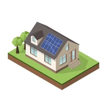 Vector illustration of isometric private cottage or house with solar roof pan Stock Illustration