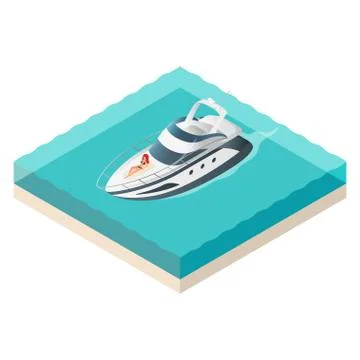 Vector illustration of isometric yacht and beautiful woman resting on it. Stock Illustration