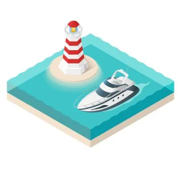 Vector illustration of isometric yacht and a lighthouse on tropical island. Illustrazione stock