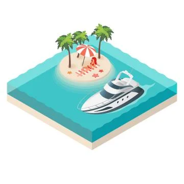 Vector illustration of isometric yacht and tropical island Stock Illustration