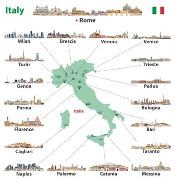 Vector illustration of Italy map with main cities skylines Illustrazione stock