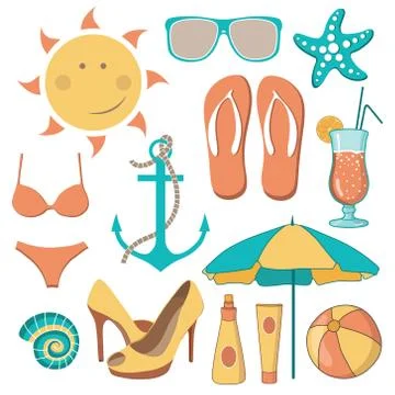 Vector illustration of items related to the beach activities 스톡 일러스트