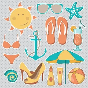 Vector illustration of items related to the beach activities Illustrazione stock