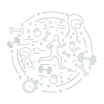 Vector illustration of the jogging man and different kinds of sports equipmen Illustrazione stock