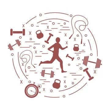 Vector illustration of the jogging man and different kinds of sports equipmen Illustrazione stock