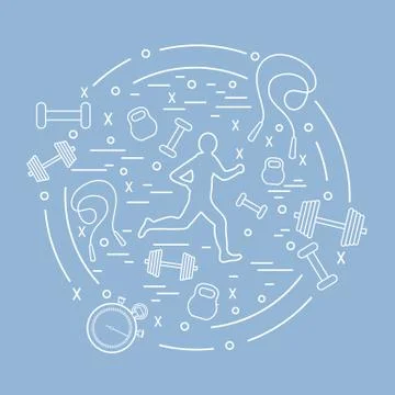 Vector illustration of the jogging man and different kinds of sports equipmen Illustrazione stock