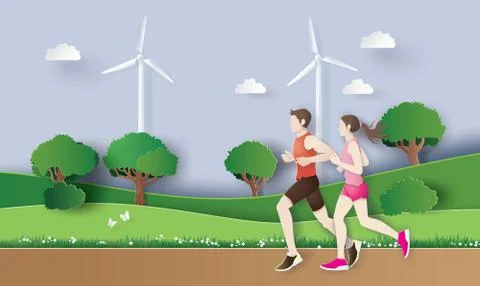 Vector illustration of jogging running , couple running in the park. Stock Illustration