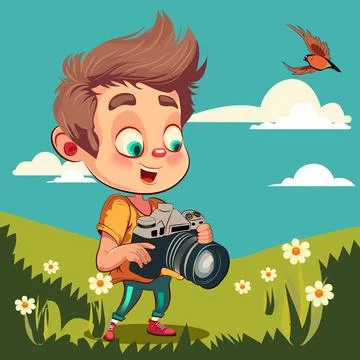 Vector Illustration of a Kid Boy taking pictures using a Digital Camera Stock Illustration