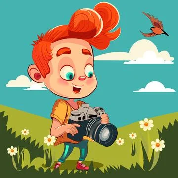 Vector Illustration of a Kid Boy taking pictures using a Digital Camera Stock Illustration