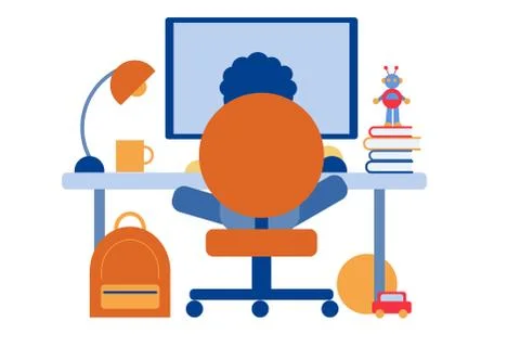 A vector illustration of a kid studying and doing his homework in his bedroom at Stock Illustration
