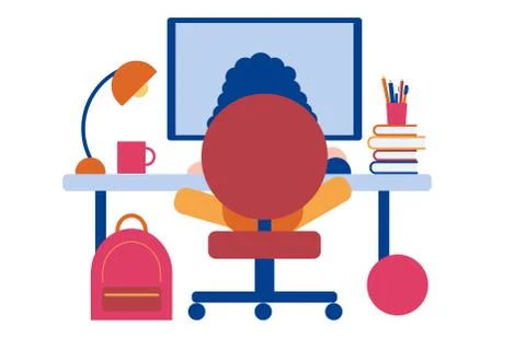 A vector illustration of a kid studying and doing his homework in his bedroom at Stock Illustration