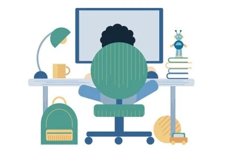 A vector illustration of a kid studying and doing his homework in his bedroom at Illustration