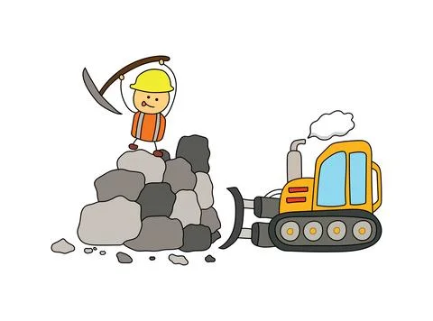 Vector Illustration kids drawing of Construction worker hitting and mining .. Stock Illustration