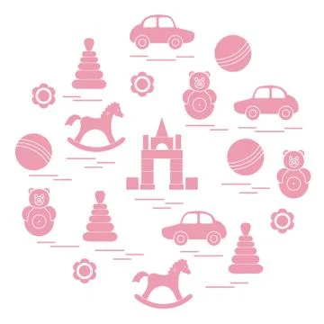 Vector illustration kids elements arranged in a circle: car, pyramid, roly-po Stock Illustration
