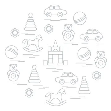 Vector illustration kids elements arranged in a circle: car, pyramid, roly-po Stock Illustration