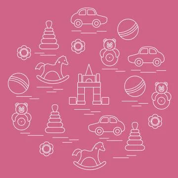 Vector illustration kids elements arranged in a circle: car, pyramid, roly-po 스톡 일러스트