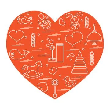 Vector illustration kids elements arranged in a heart: bird, whale, pacifier, Illustrazione stock