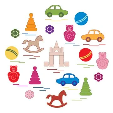 Vector illustration kids elements arranged in a circle: car, pyramid, roly-po 스톡 일러스트