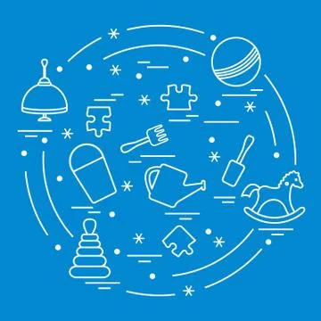 Vector illustration kids elements arranged in a circle: whirligig, ball, puzz Illustrazione stock