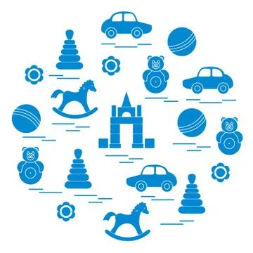 Vector illustration kids elements arranged in a circle: car, pyramid, roly-po 스톡 일러스트