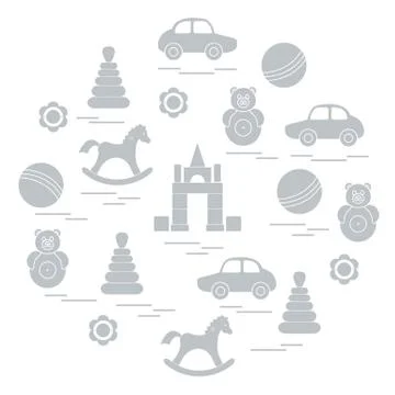 Vector illustration kids elements arranged in a circle: car, pyramid, roly-po Illustrazione stock