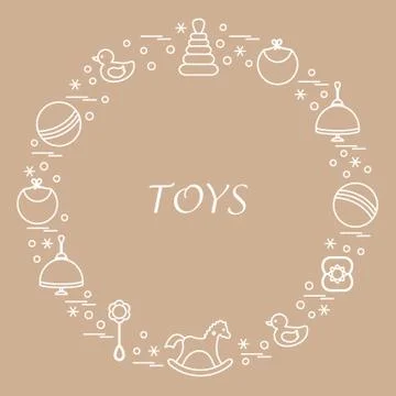 Vector illustration kids elements arranged in a circle: whirligig, ball, rock Illustrazione stock