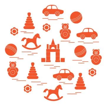 Vector illustration kids elements arranged in a circle: car, pyramid, roly-po Stock Illustration