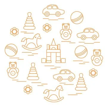 Vector illustration kids elements arranged in a circle: car, pyramid, roly-po Stock Illustration