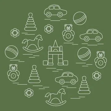 Vector illustration kids elements arranged in a circle: car, pyramid, roly-po Stock Illustration