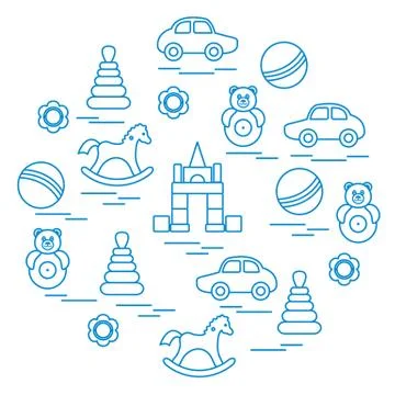 Vector illustration kids elements arranged in a circle: car, pyramid, roly-po Stock Illustration