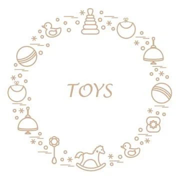 Vector illustration kids elements arranged in a circle: whirligig, ball, rock Stock Illustration