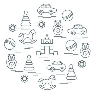 Vector illustration kids elements arranged in a circle: car, pyramid, roly-po Stock Illustration