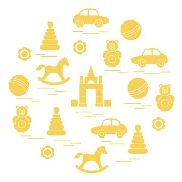 Vector illustration kids elements arranged in a circle: car, pyramid, roly-po Stock Illustration