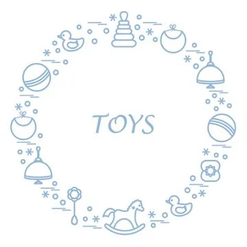 Vector illustration kids elements arranged in a circle: whirligig, ball, rock Illustrazione stock