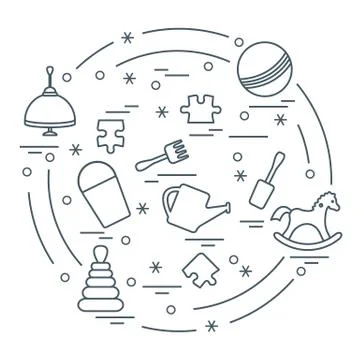 Vector illustration kids elements arranged in a circle: whirligig, ball, puzz Stock Illustration