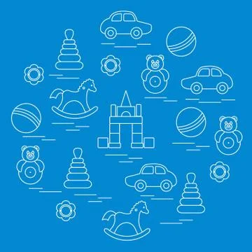 Vector illustration kids elements arranged in a circle: car, pyramid, roly-po Stock Illustration