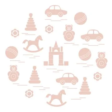 Vector illustration kids elements arranged in a circle: car, pyramid, roly-po 스톡 일러스트