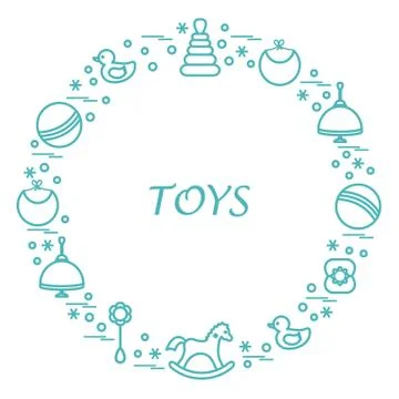 Vector illustration kids elements arranged in a circle: whirligig, ball, rock Illustrazione stock